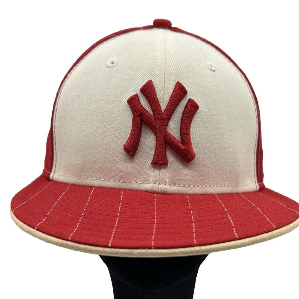 New York Yankees New Era Red Pinstriped Fitted Hat Cap 7 1/8 NY Baseball Wool